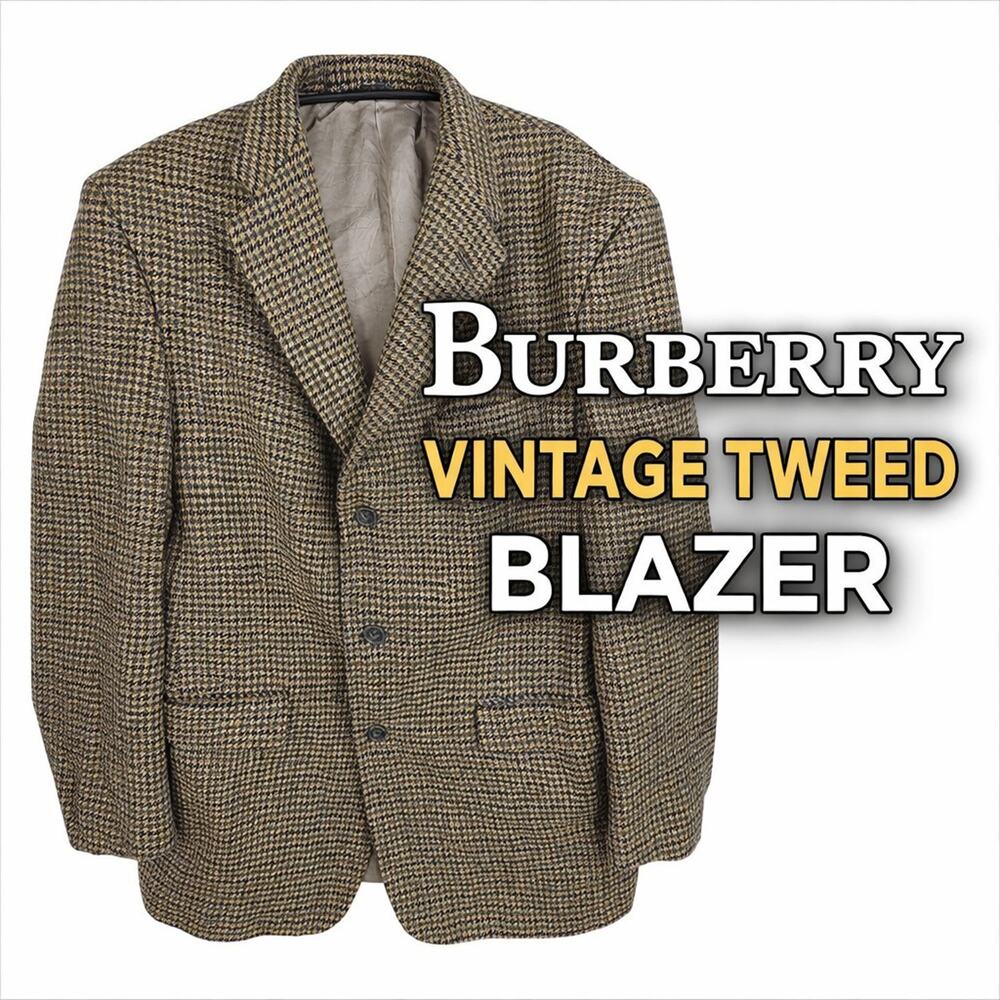 Vtg Burberry Blazer Sport Coat Mens 42 Plaid Two Button Blazer Houndstooth Tweed